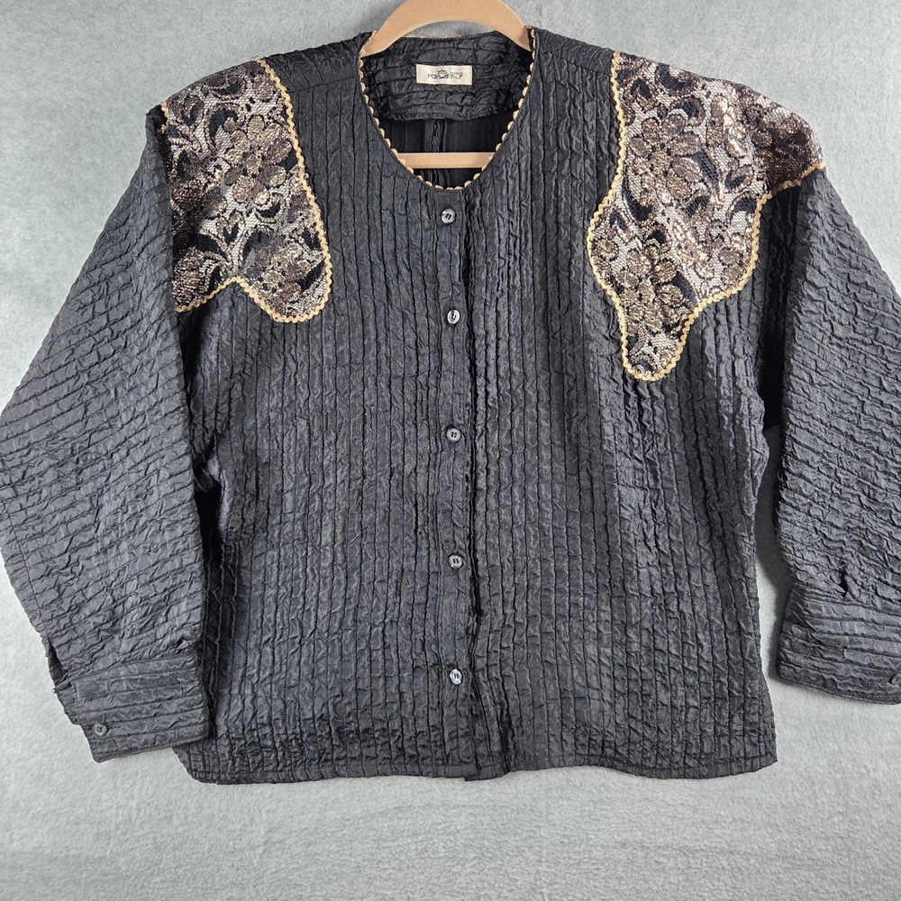 High Fashion Night Button Down Top Womens L Black Gold Lace Crinkle Vintage